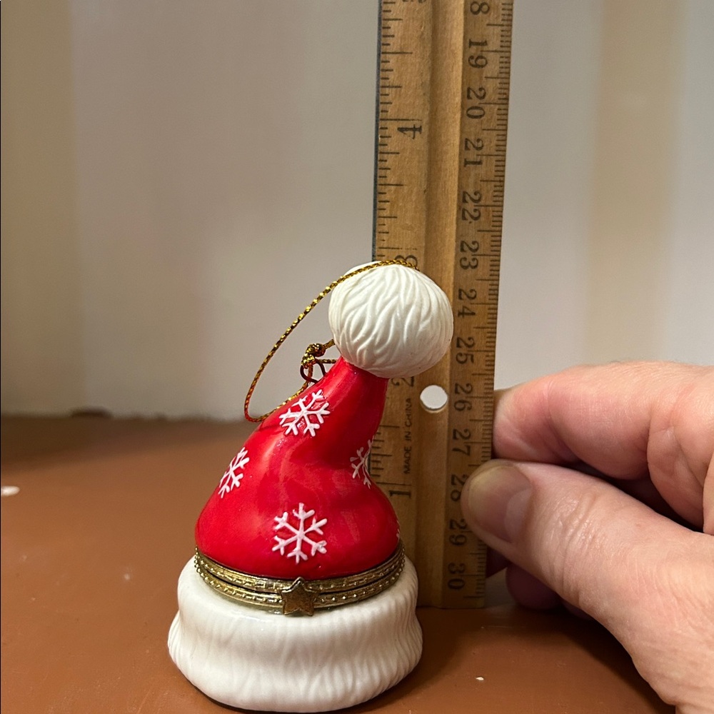 Red & White Santa Hat with Snowflakes Hinged Trinket Box Ornament -Porcelain - Picture 12 of 13